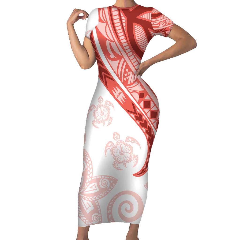 Coral Red Polynesian Tribal Turtle Floral Pattern Short Sleeve Bodycon Dress