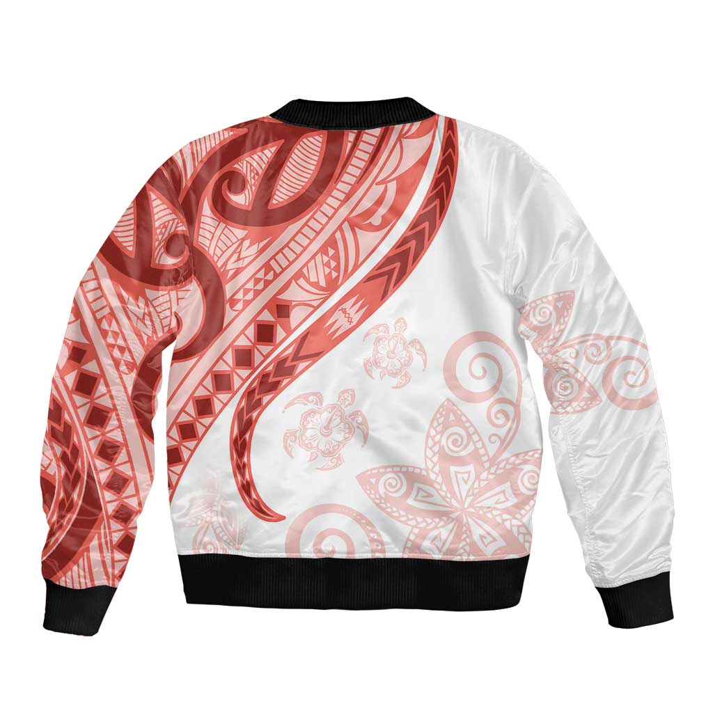 Coral Red Polynesian Tribal Turtle Floral Pattern Sleeve Zip Bomber Jacket