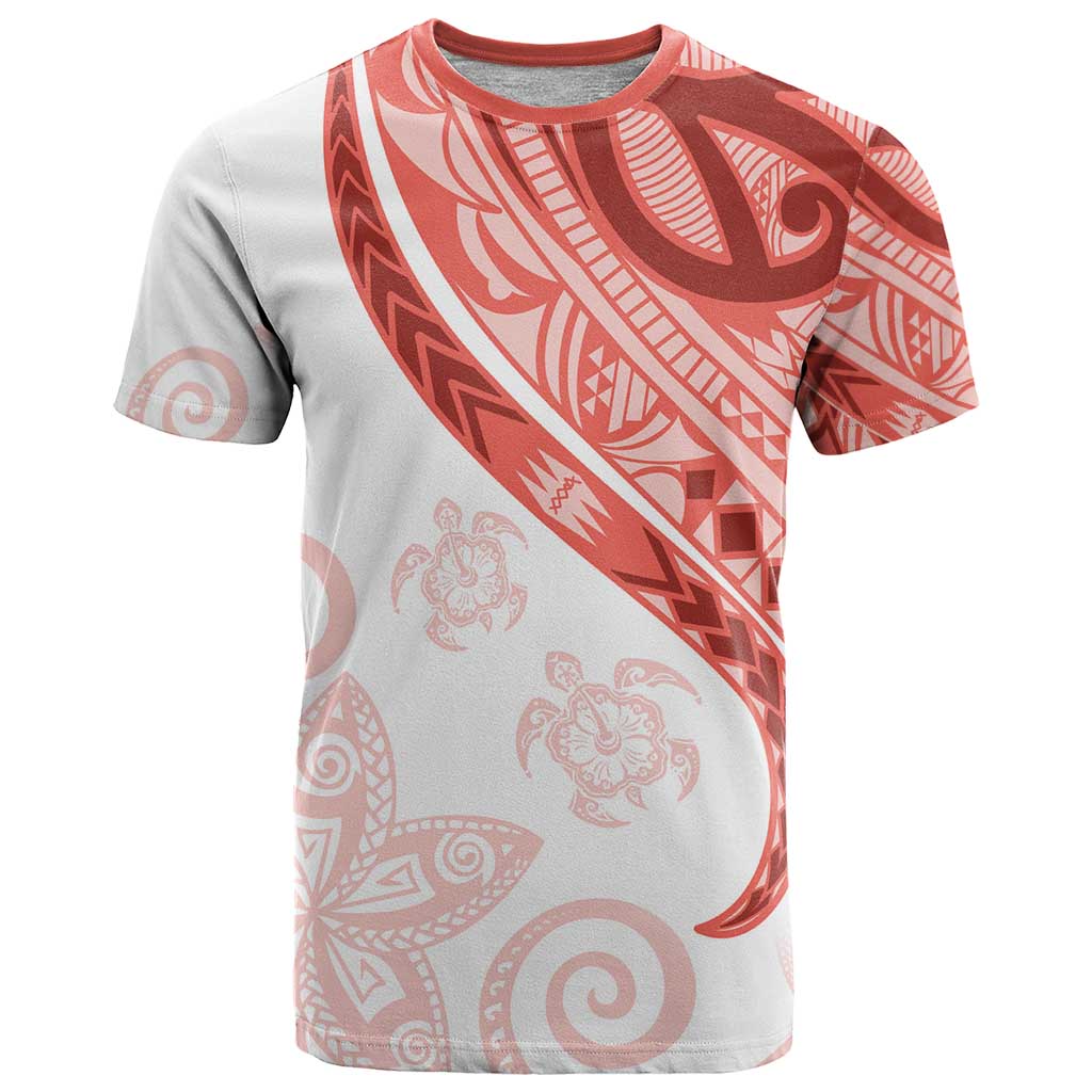 Coral Red Polynesian Tribal Turtle Floral Pattern T Shirt