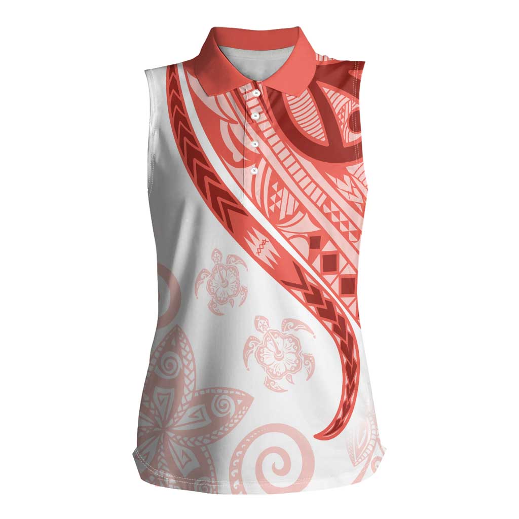 Coral Red Polynesian Tribal Turtle Floral Pattern Women Sleeveless Polo Shirt LT05 Female Red - Polynesian Pride