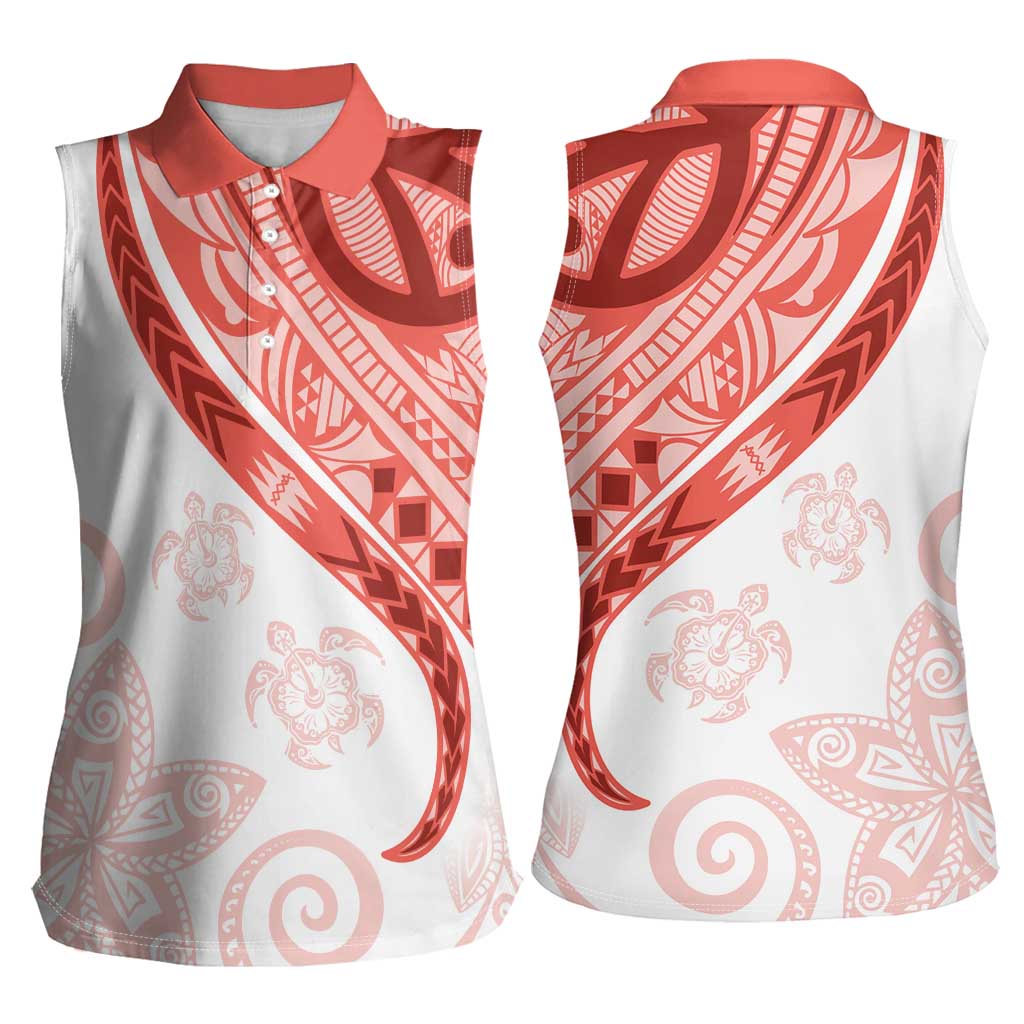 Coral Red Polynesian Tribal Turtle Floral Pattern Women Sleeveless Polo Shirt LT05 - Polynesian Pride