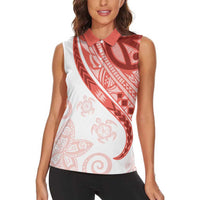Coral Red Polynesian Tribal Turtle Floral Pattern Women Sleeveless Polo Shirt LT05 - Polynesian Pride