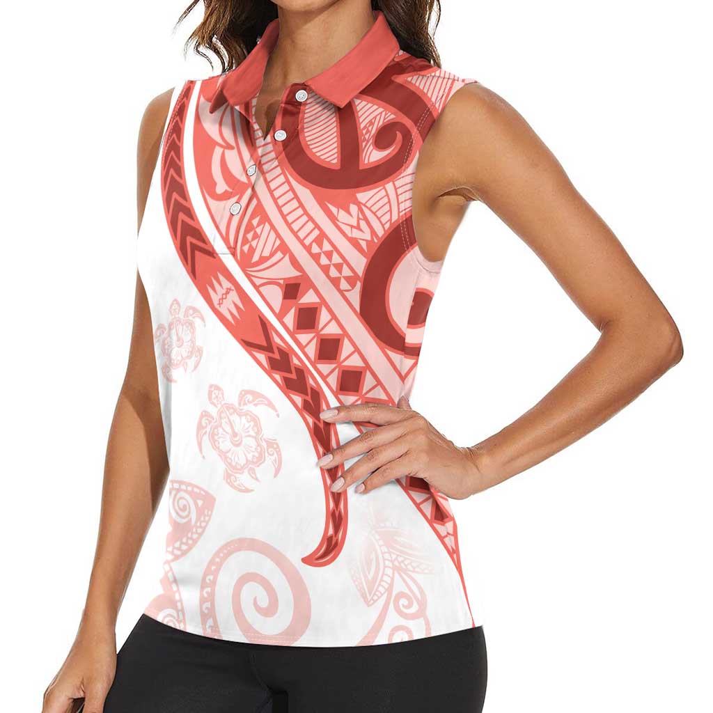 Coral Red Polynesian Tribal Turtle Floral Pattern Women Sleeveless Polo Shirt LT05 - Polynesian Pride