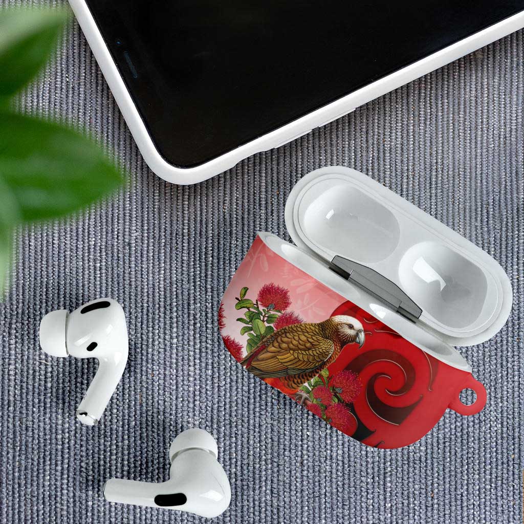 New Zealand Parrot Kaka AirPods Case Maori Koru With Pohutukawa Flowers - Polynesian Pride