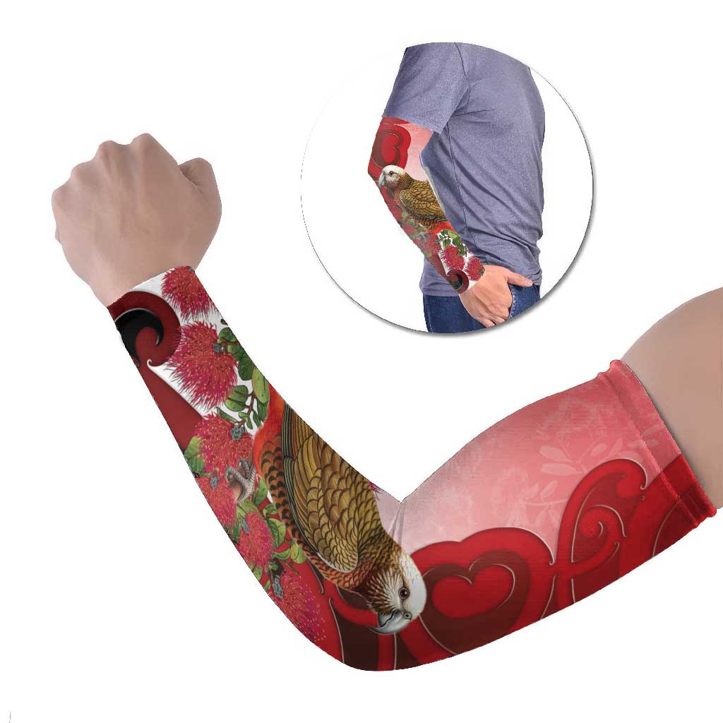 New Zealand Parrot Kaka Arm Sleeves Maori Koru With Pohutukawa Flowers LT05 Set of 2 Red - Polynesian Pride