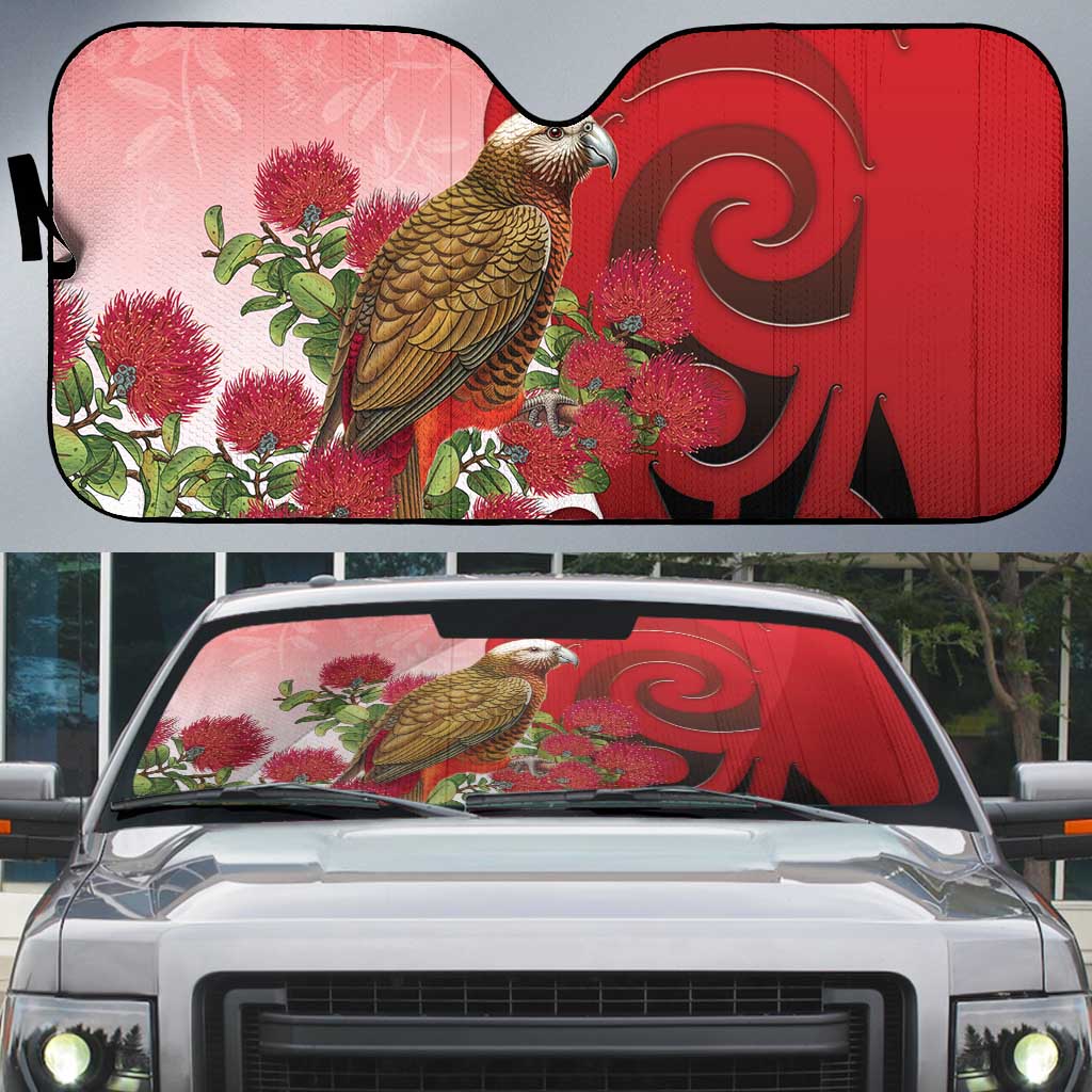 New Zealand Parrot Kaka Auto Sun Shade Maori Koru With Pohutukawa Flowers - Polynesian Pride
