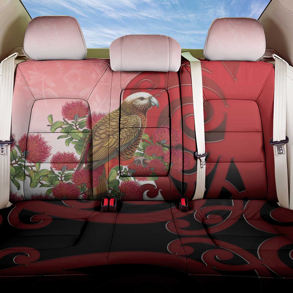 New Zealand Parrot Kaka Back Car Seat Cover Maori Koru With Pohutukawa Flowers - Polynesian Pride