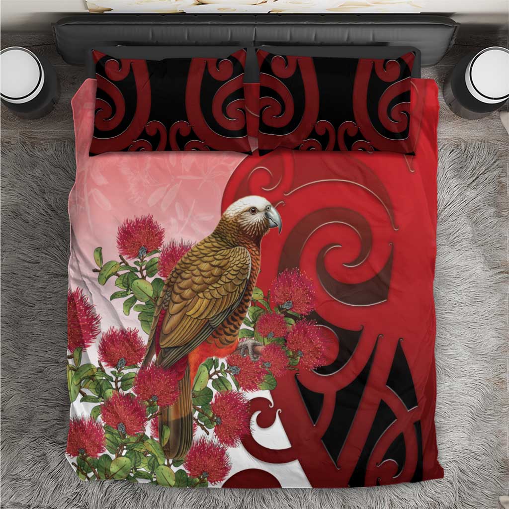 New Zealand Parrot Kaka Bedding Set Maori Koru With Pohutukawa Flowers - Polynesian Pride