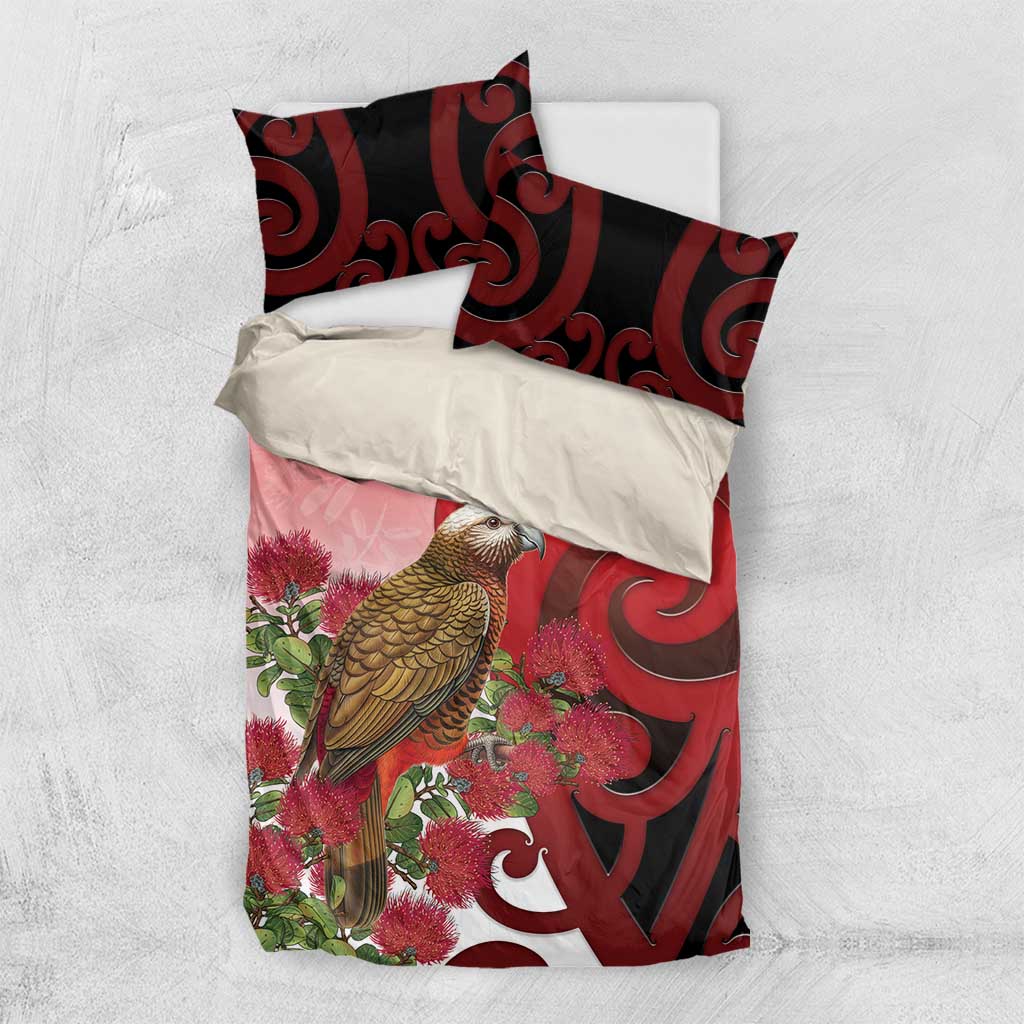 New Zealand Parrot Kaka Bedding Set Maori Koru With Pohutukawa Flowers - Polynesian Pride