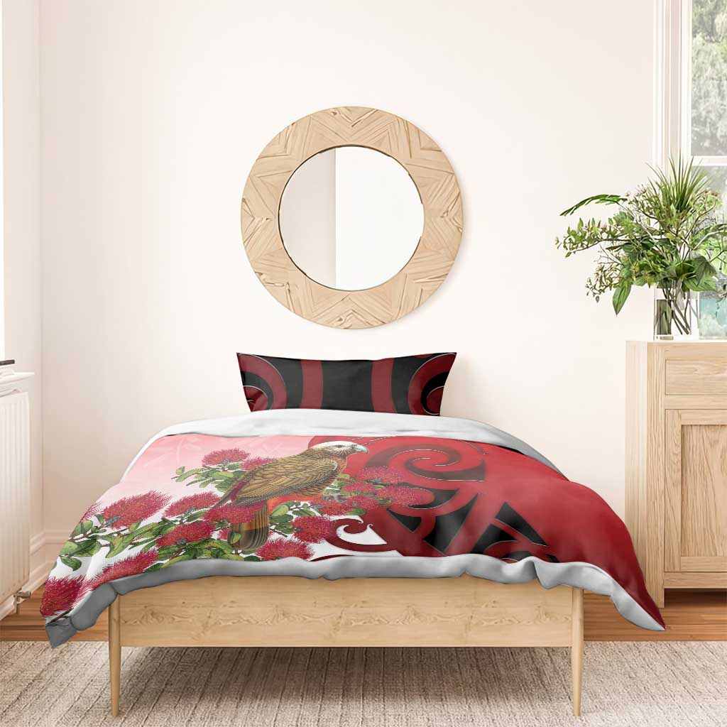 New Zealand Parrot Kaka Bedding Set Maori Koru With Pohutukawa Flowers - Polynesian Pride