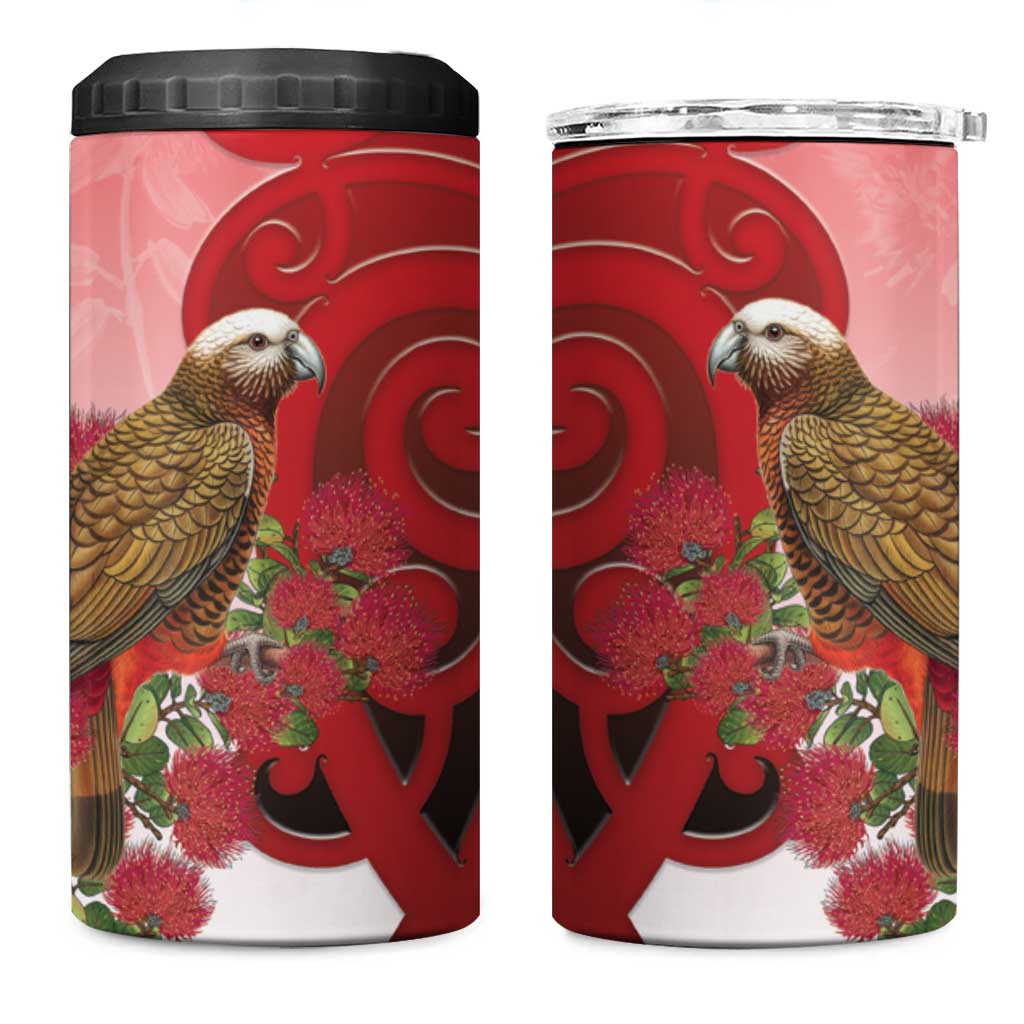 New Zealand Parrot Kaka 4 in 1 Can Cooler Tumbler Maori Koru With Pohutukawa Flowers - Polynesian Pride