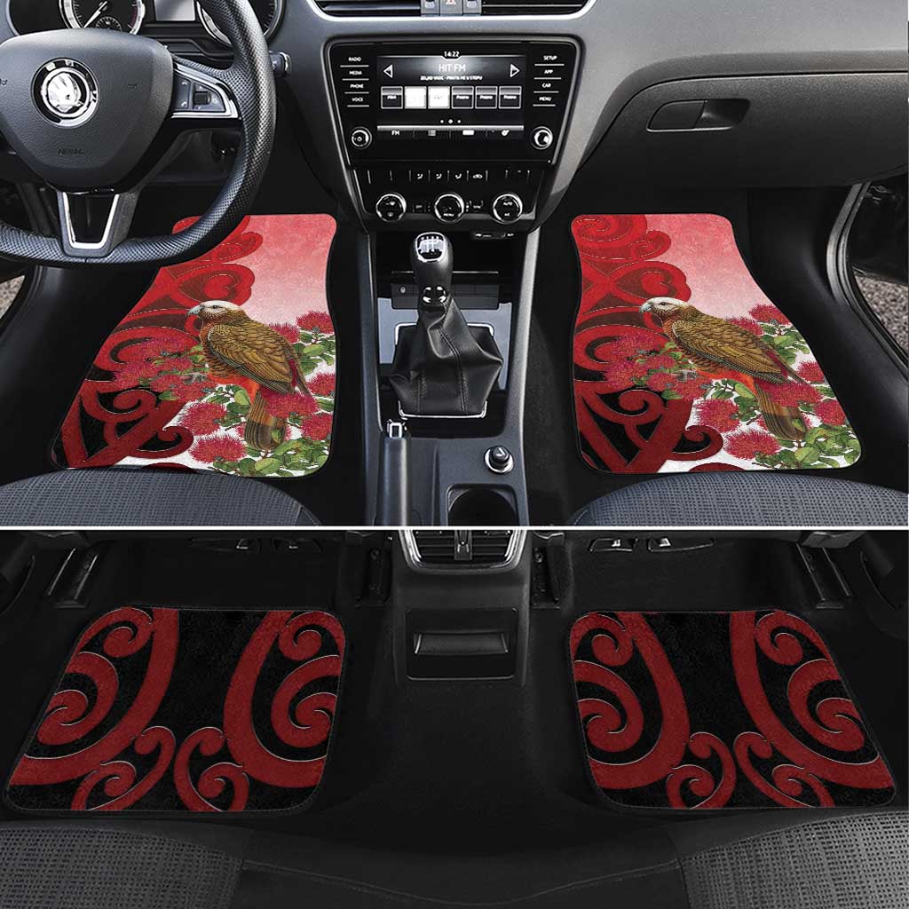 New Zealand Parrot Kaka Car Mats Maori Koru With Pohutukawa Flowers LT05 Set 4pcs Red - Polynesian Pride
