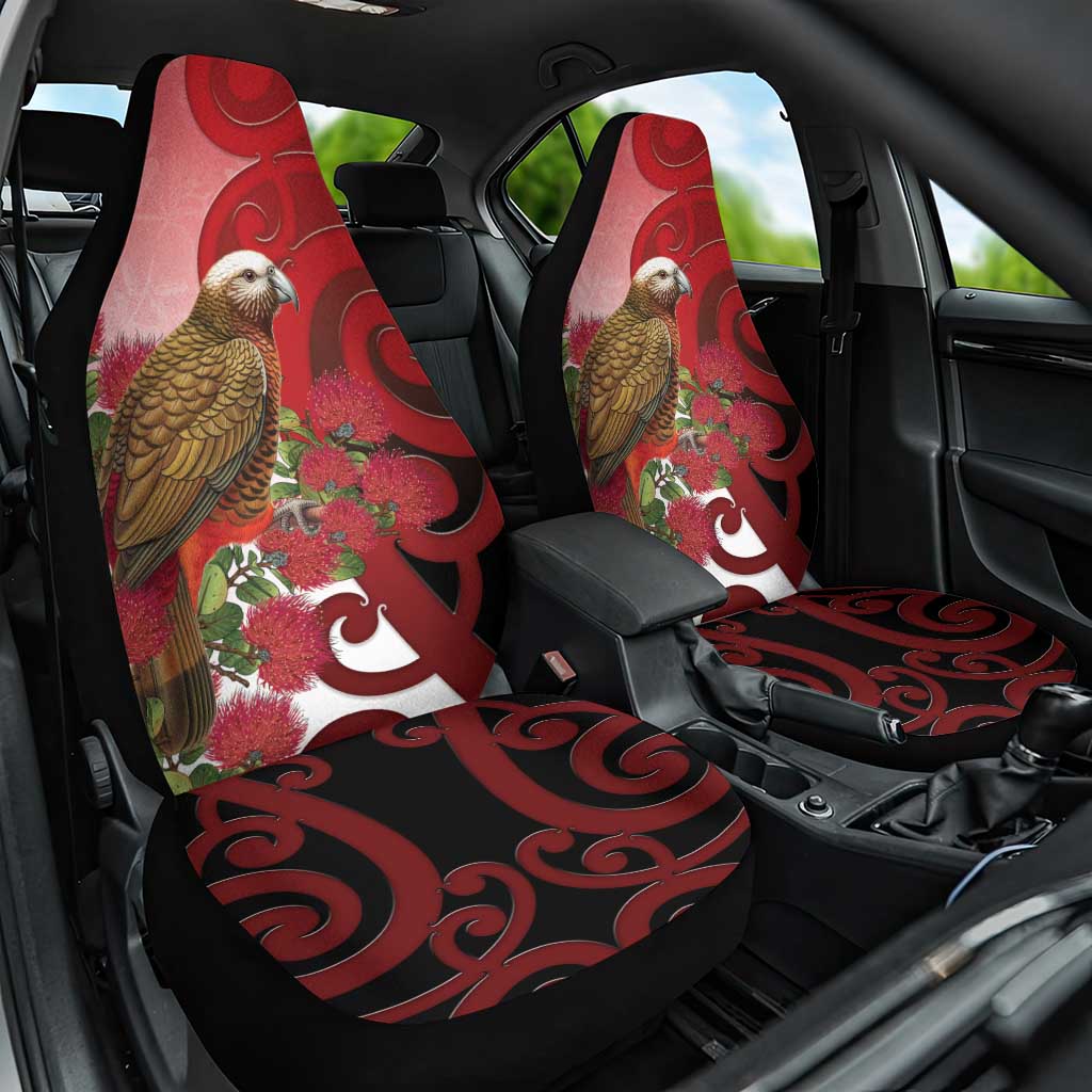 New Zealand Parrot Kaka Car Seat Cover Maori Koru With Pohutukawa Flowers - Polynesian Pride