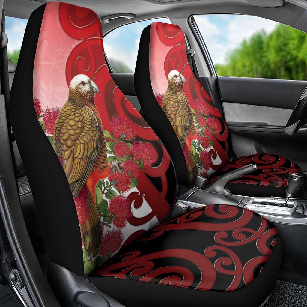 New Zealand Parrot Kaka Car Seat Cover Maori Koru With Pohutukawa Flowers - Polynesian Pride