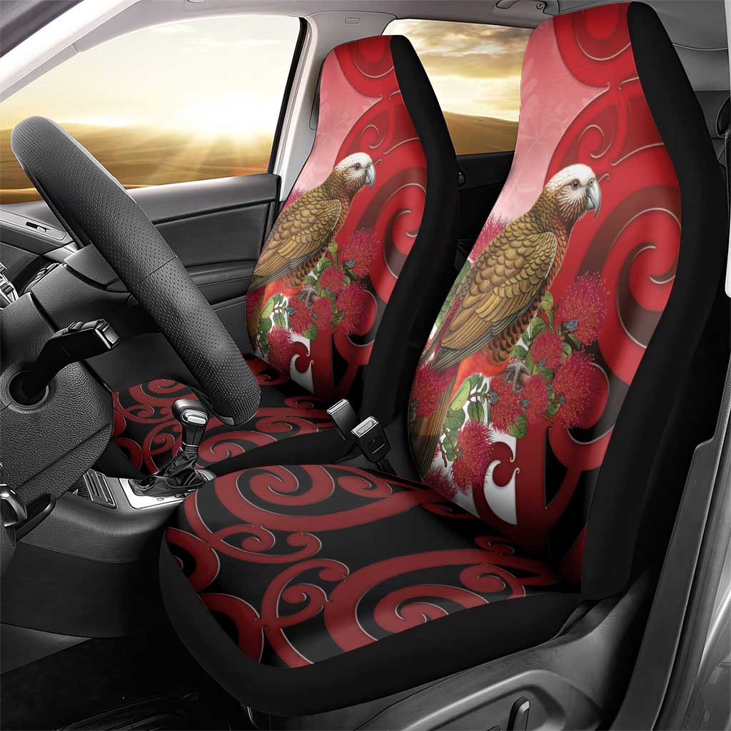 New Zealand Parrot Kaka Car Seat Cover Maori Koru With Pohutukawa Flowers - Polynesian Pride