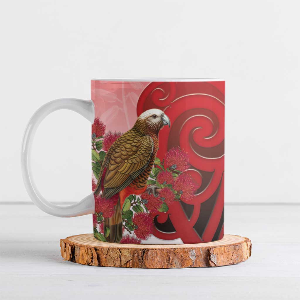 New Zealand Parrot Kaka Ceramic Mug Maori Koru With Pohutukawa Flowers - Polynesian Pride