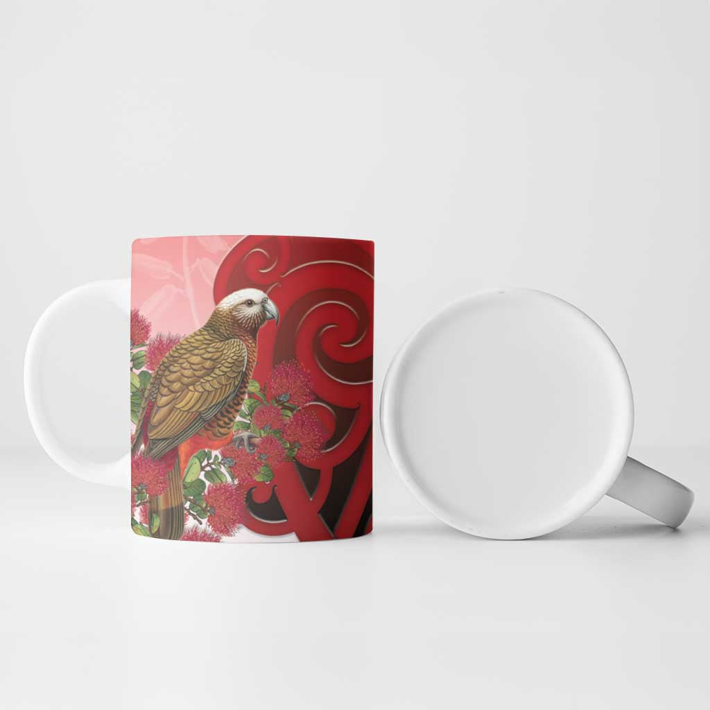 New Zealand Parrot Kaka Ceramic Mug Maori Koru With Pohutukawa Flowers - Polynesian Pride