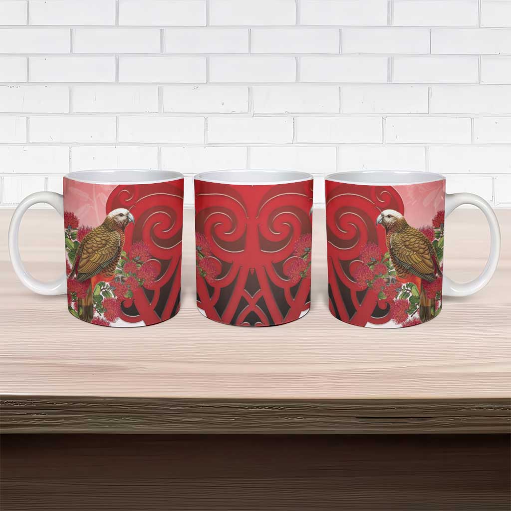 New Zealand Parrot Kaka Ceramic Mug Maori Koru With Pohutukawa Flowers - Polynesian Pride