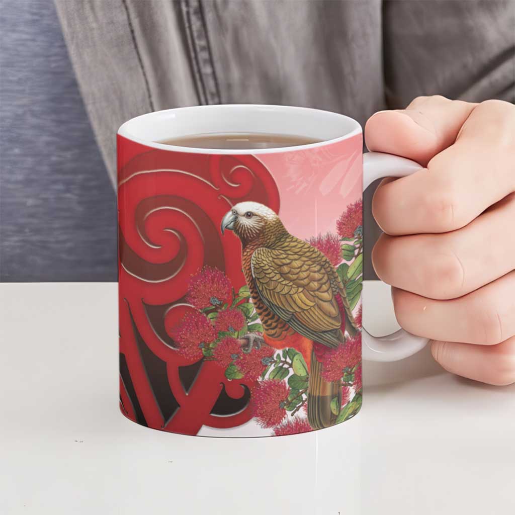 New Zealand Parrot Kaka Ceramic Mug Maori Koru With Pohutukawa Flowers - Polynesian Pride