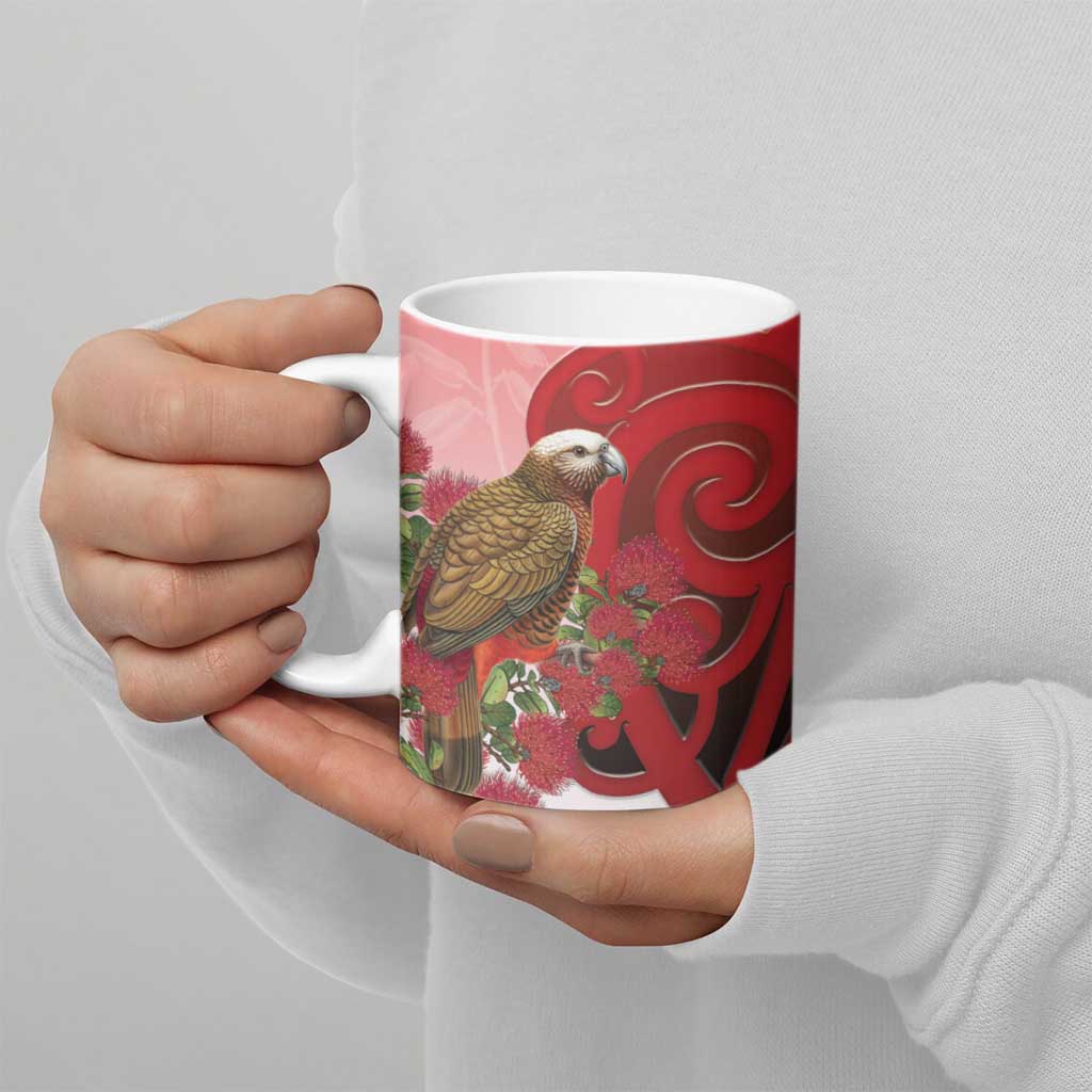 New Zealand Parrot Kaka Ceramic Mug Maori Koru With Pohutukawa Flowers - Polynesian Pride