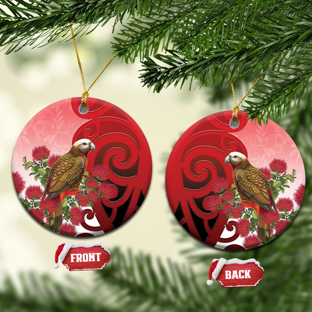 New Zealand Parrot Kaka Ceramic Ornament Maori Koru With Pohutukawa Flowers