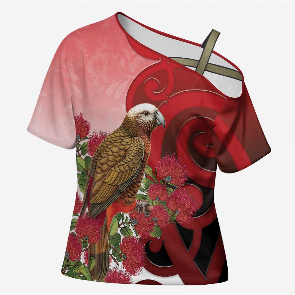 New Zealand Parrot Kaka Cross Shoulder Shirt Maori Koru With Pohutukawa Flowers LT05 Female Red - Polynesian Pride
