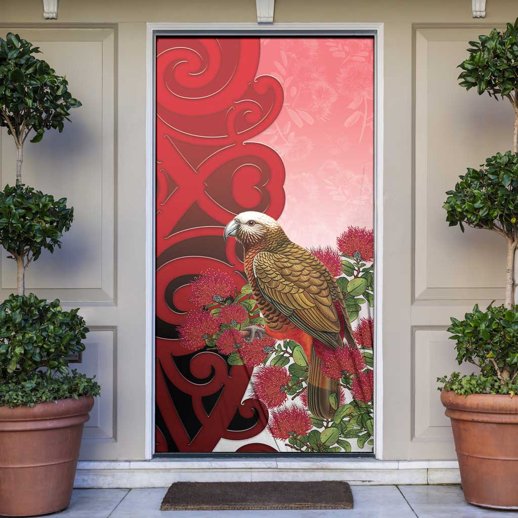 New Zealand Parrot Kaka Door Cover Maori Koru With Pohutukawa Flowers - Polynesian Pride