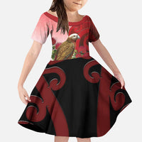 New Zealand Parrot Kaka Family Matching Long Sleeve Bodycon Dress and Hawaiian Shirt Maori Koru With Pohutukawa Flowers LT05 Daughter's Dress Red - Polynesian Pride