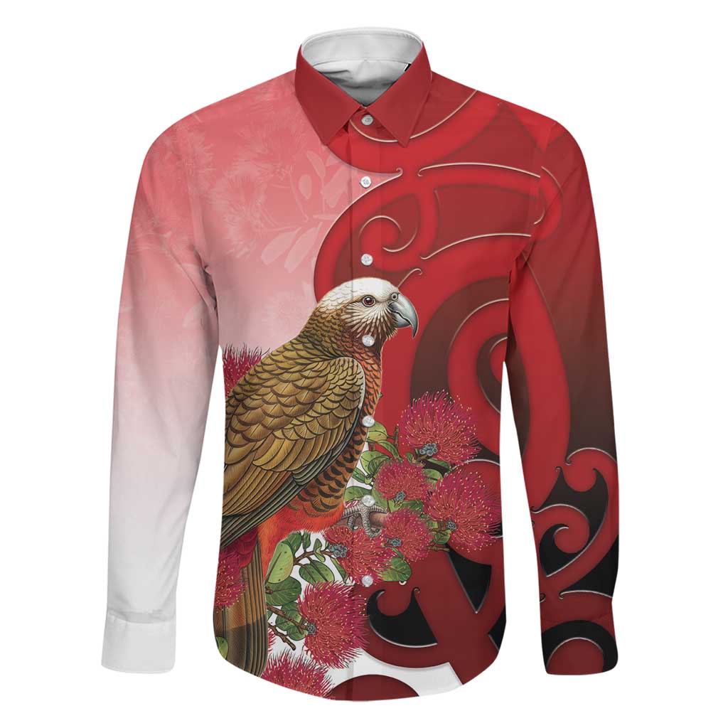 New Zealand Parrot Kaka Family Matching Off The Shoulder Long Sleeve Dress and Hawaiian Shirt Maori Koru With Pohutukawa Flowers LT05 Dad's Shirt - Long Sleeve Red - Polynesian Pride