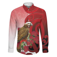 New Zealand Parrot Kaka Family Matching Off The Shoulder Long Sleeve Dress and Hawaiian Shirt Maori Koru With Pohutukawa Flowers LT05 Dad's Shirt - Long Sleeve Red - Polynesian Pride