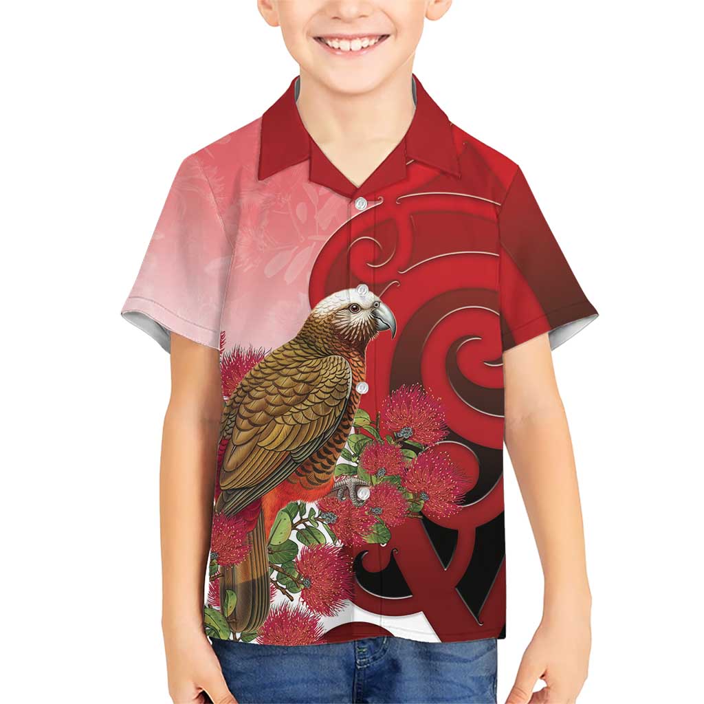 New Zealand Parrot Kaka Family Matching Off Shoulder Maxi Dress and Hawaiian Shirt Maori Koru With Pohutukawa Flowers LT05 Son's Shirt Red - Polynesian Pride