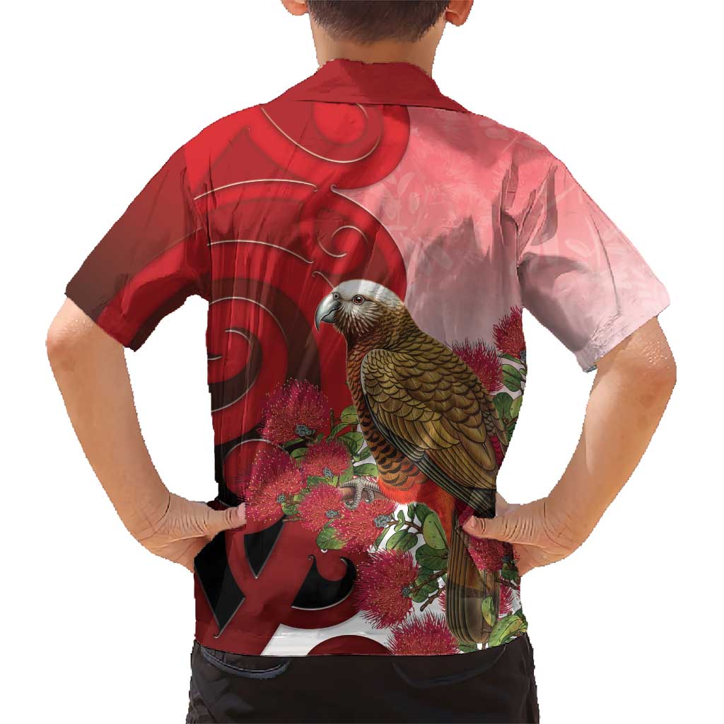 New Zealand Parrot Kaka Family Matching Short Sleeve Bodycon Dress and Hawaiian Shirt Maori Koru With Pohutukawa Flowers LT05 - Polynesian Pride