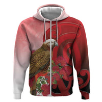 New Zealand Parrot Kaka Hoodie Maori Koru With Pohutukawa Flowers LT05 Zip Hoodie Red - Polynesian Pride
