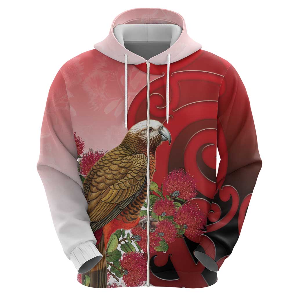 New Zealand Parrot Kaka Hoodie Maori Koru With Pohutukawa Flowers LT05 - Polynesian Pride