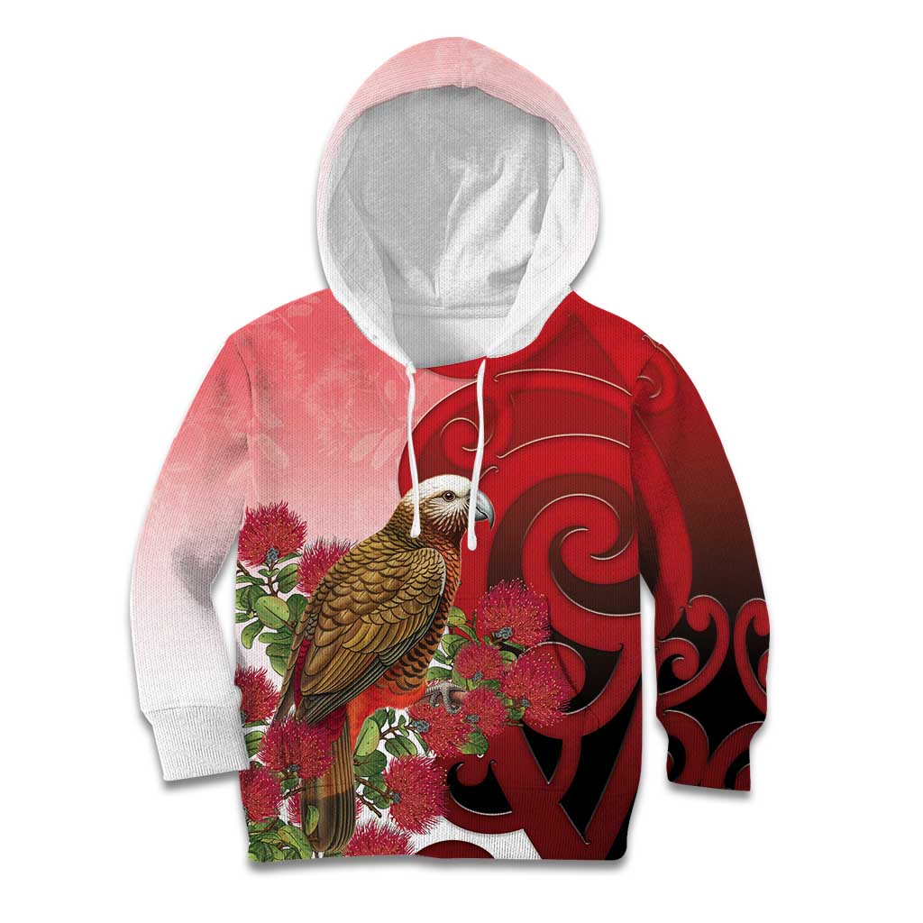 New Zealand Parrot Kaka Kid Hoodie Maori Koru With Pohutukawa Flowers LT05 Hoodie Red - Polynesian Pride
