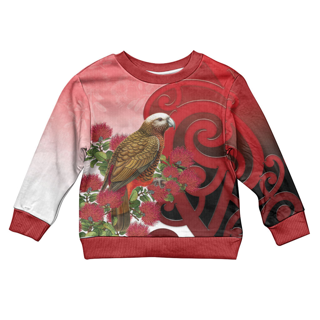New Zealand Parrot Kaka Kid Ugly Christmas Sweater Maori Koru With Pohutukawa Flowers LT05 Kid Red - Polynesian Pride