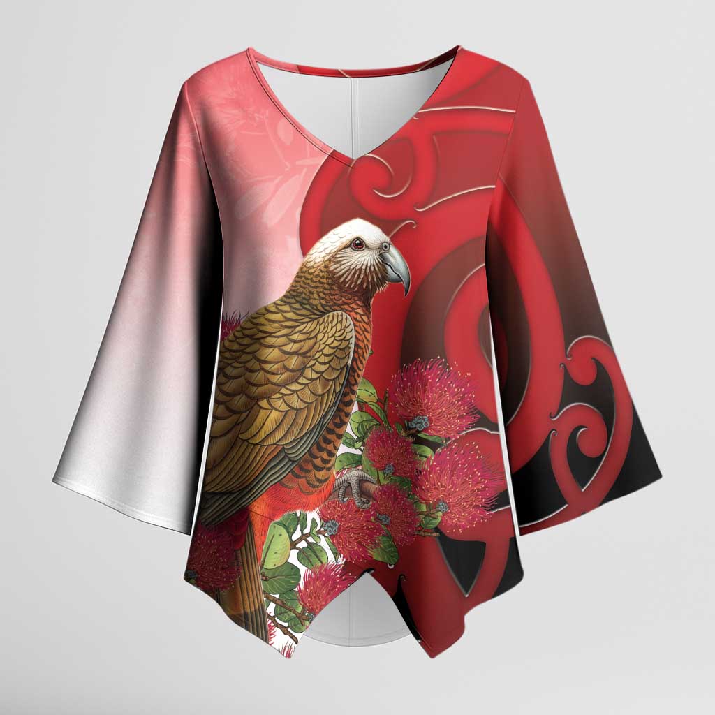 New Zealand Parrot Kaka Kimono Sleeve Blouse Maori Koru With Pohutukawa Flowers LT05 Female Red - Polynesian Pride