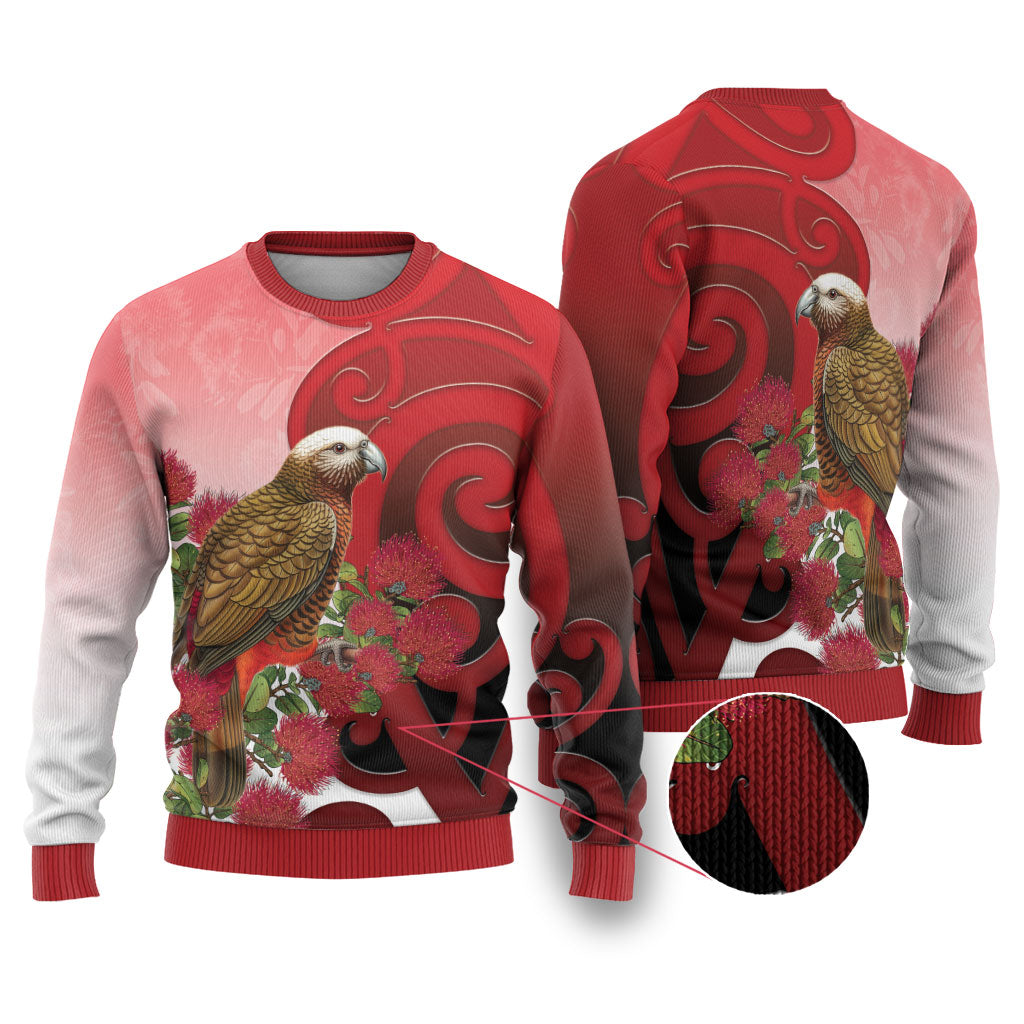 New Zealand Parrot Kaka Ugly Christmas Sweater Maori Koru With Pohutukawa Flowers LT05 Red - Polynesian Pride