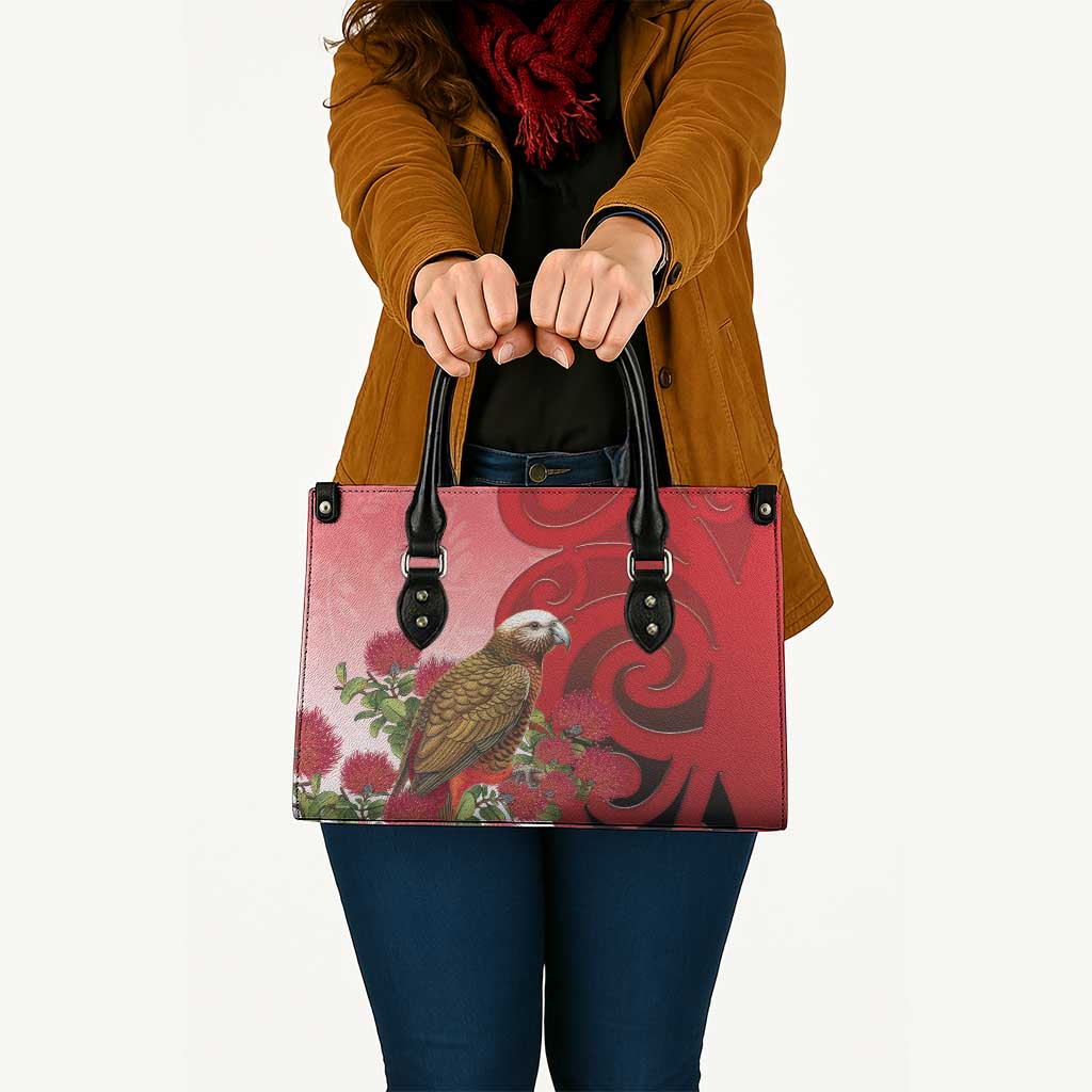 New Zealand Parrot Kaka Leather Bag Maori Koru With Pohutukawa Flowers - Polynesian Pride
