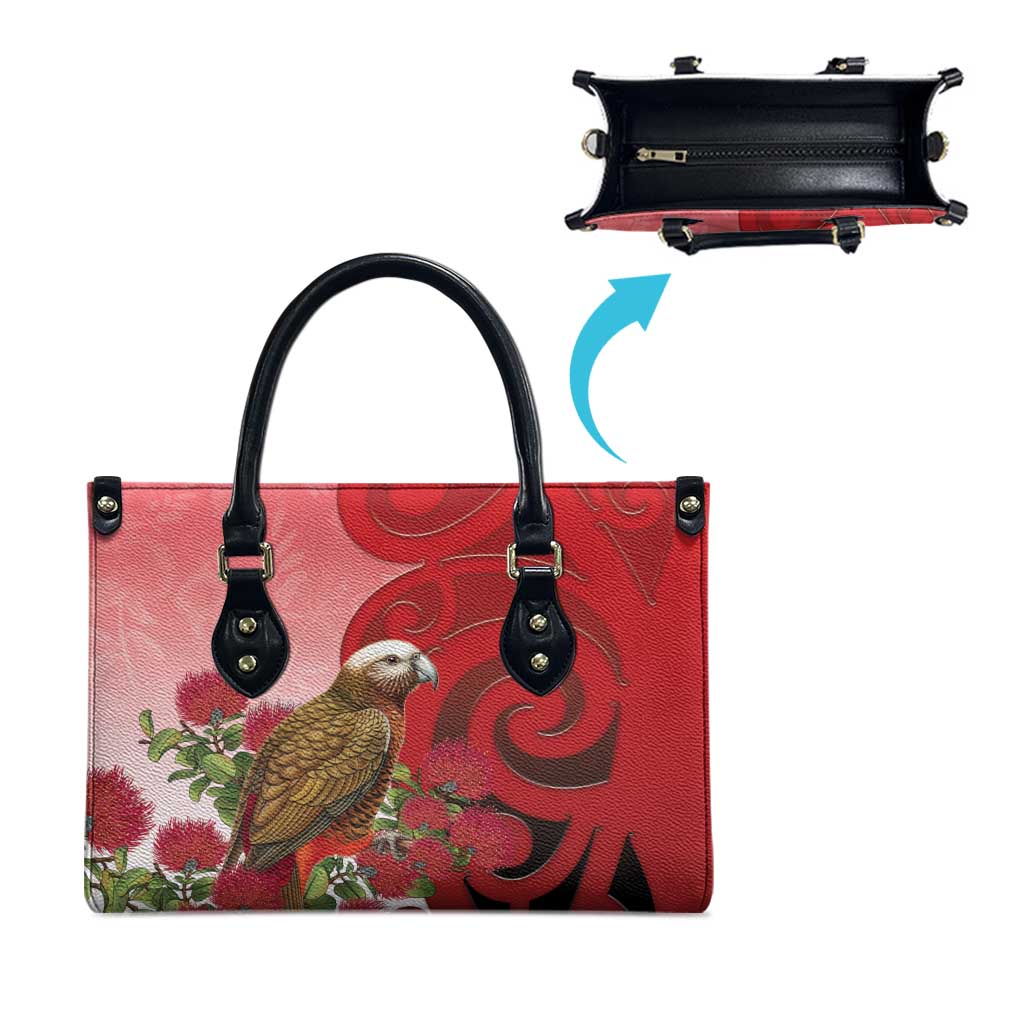 New Zealand Parrot Kaka Leather Bag Maori Koru With Pohutukawa Flowers - Polynesian Pride