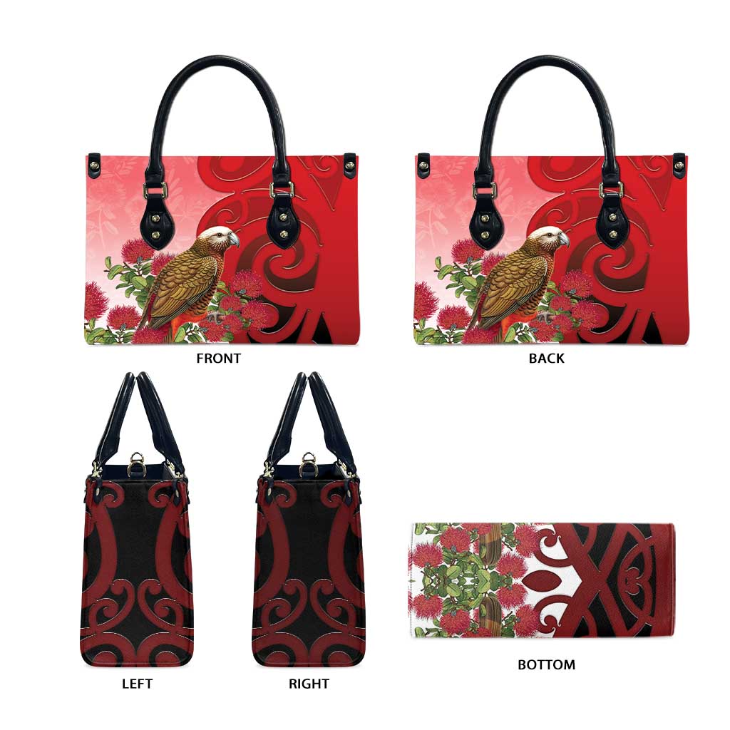 New Zealand Parrot Kaka Leather Bag Maori Koru With Pohutukawa Flowers - Polynesian Pride