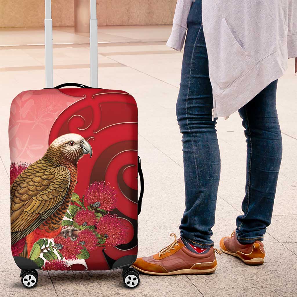 New Zealand Parrot Kaka Luggage Cover Maori Koru With Pohutukawa Flowers LT05 Red - Polynesian Pride
