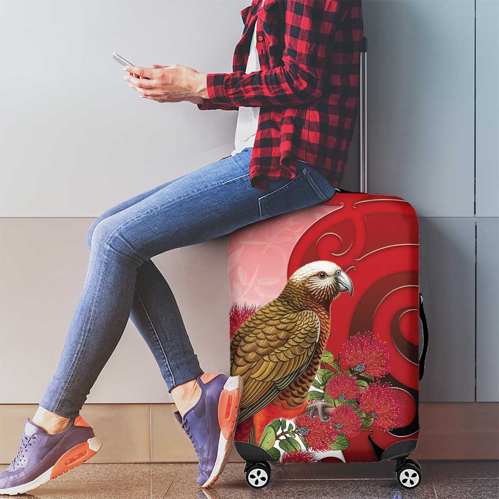 New Zealand Parrot Kaka Luggage Cover Maori Koru With Pohutukawa Flowers LT05 - Polynesian Pride