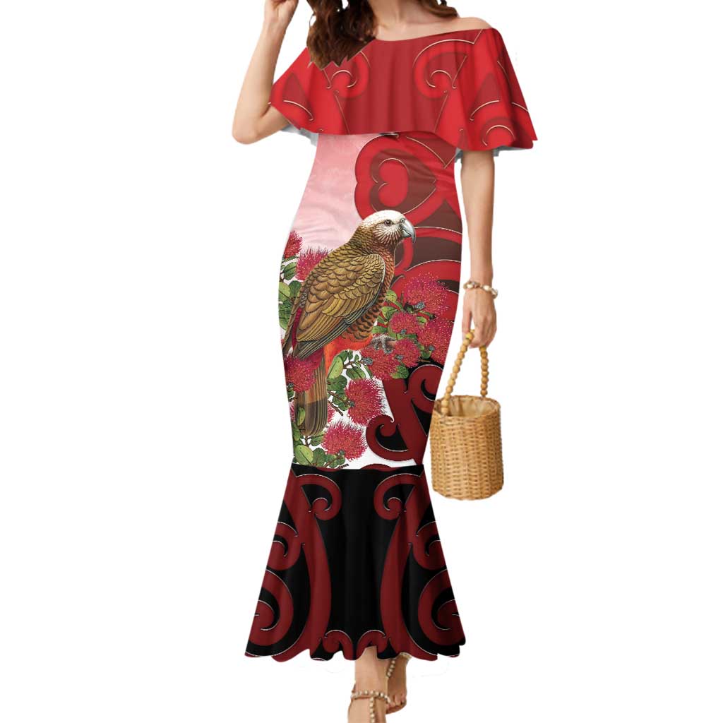 New Zealand Parrot Kaka Mermaid Dress Maori Koru With Pohutukawa Flowers - Polynesian Pride