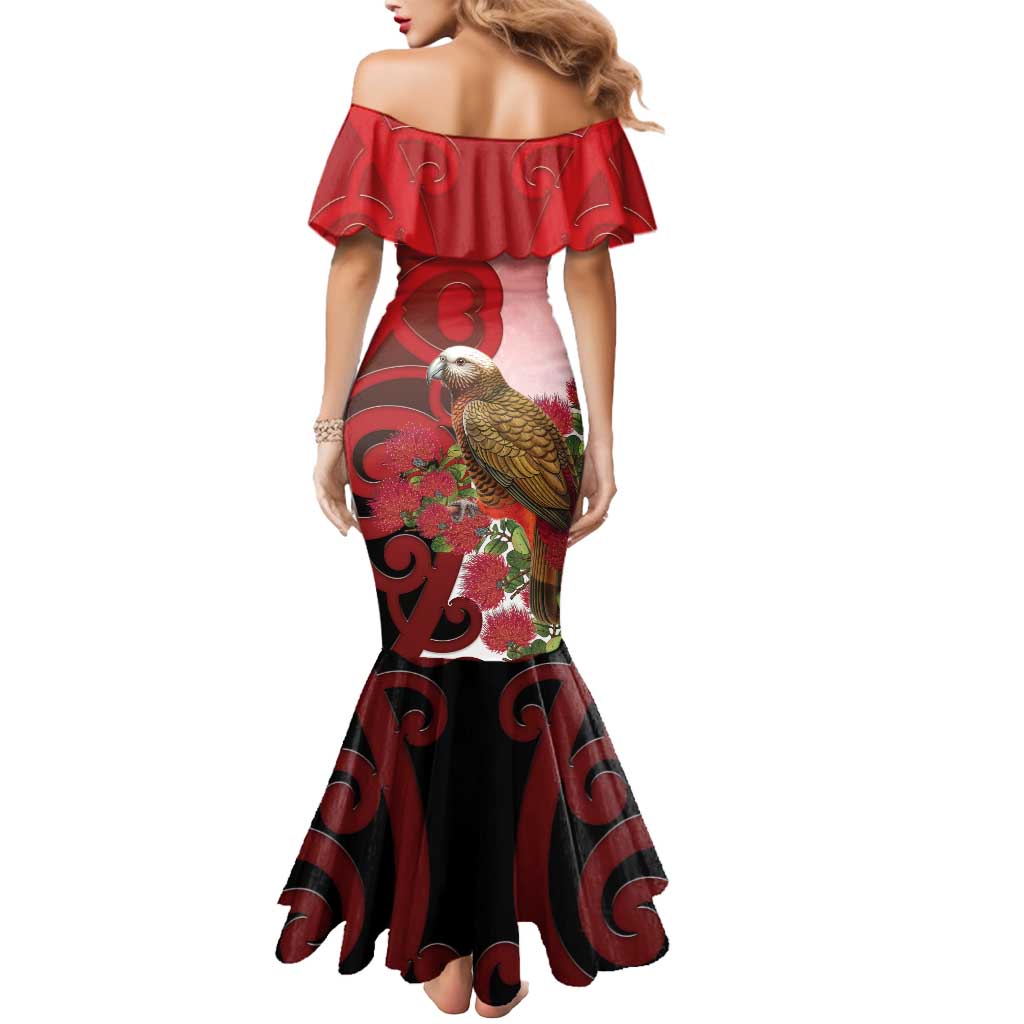 New Zealand Parrot Kaka Mermaid Dress Maori Koru With Pohutukawa Flowers - Polynesian Pride