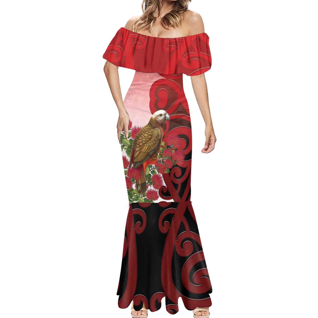 New Zealand Parrot Kaka Mermaid Dress Maori Koru With Pohutukawa Flowers - Polynesian Pride