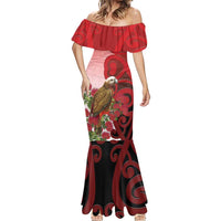 New Zealand Parrot Kaka Mermaid Dress Maori Koru With Pohutukawa Flowers - Polynesian Pride