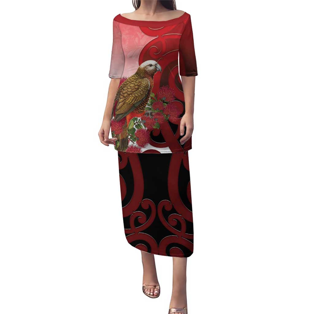 New Zealand Parrot Kaka Puletasi Maori Koru With Pohutukawa Flowers LT05 Long Dress Red - Polynesian Pride