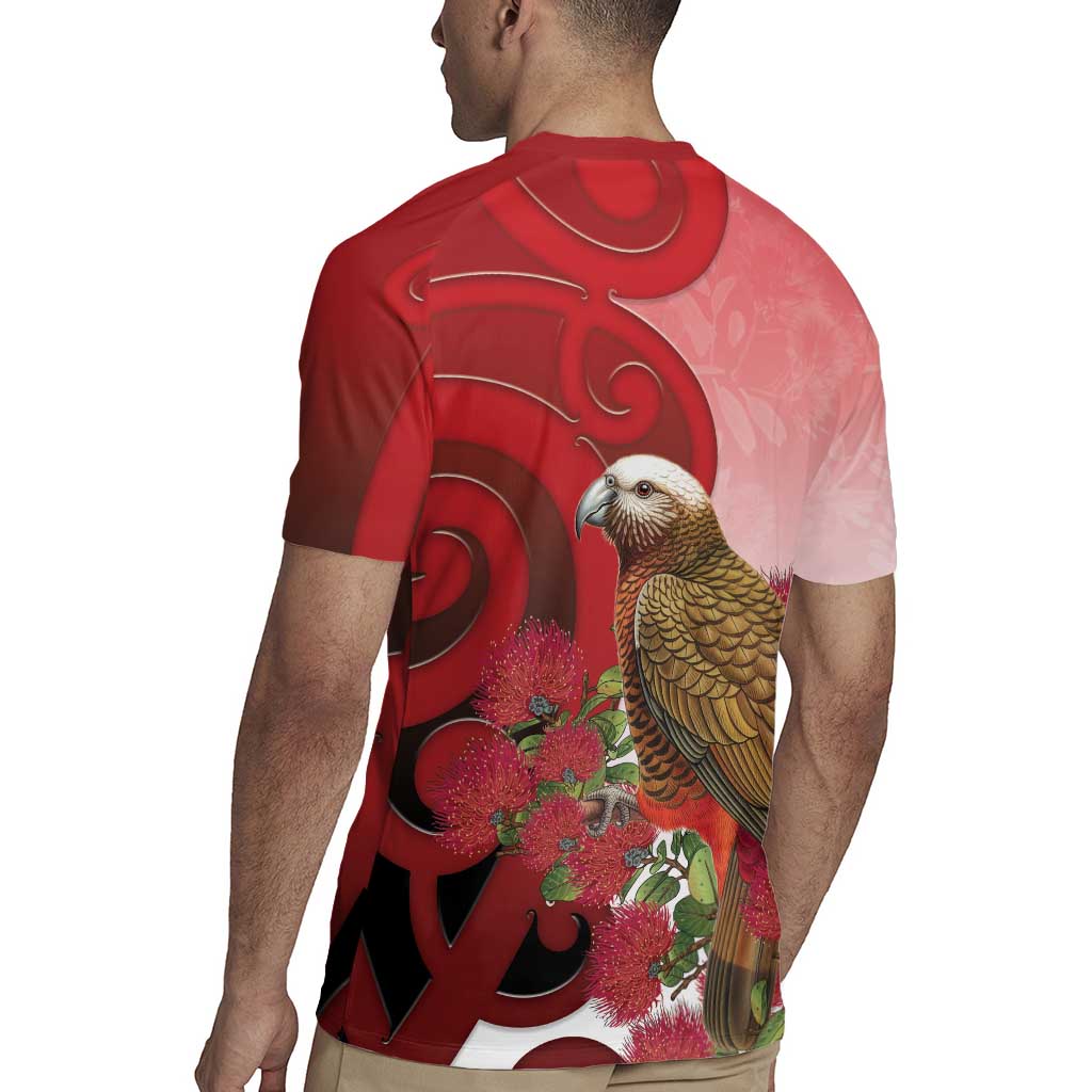 New Zealand Parrot Kaka Rugby Jersey Maori Koru With Pohutukawa Flowers - Polynesian Pride