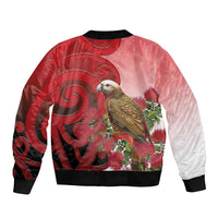 New Zealand Parrot Kaka Sleeve Zip Bomber Jacket Maori Koru With Pohutukawa Flowers LT05 - Polynesian Pride